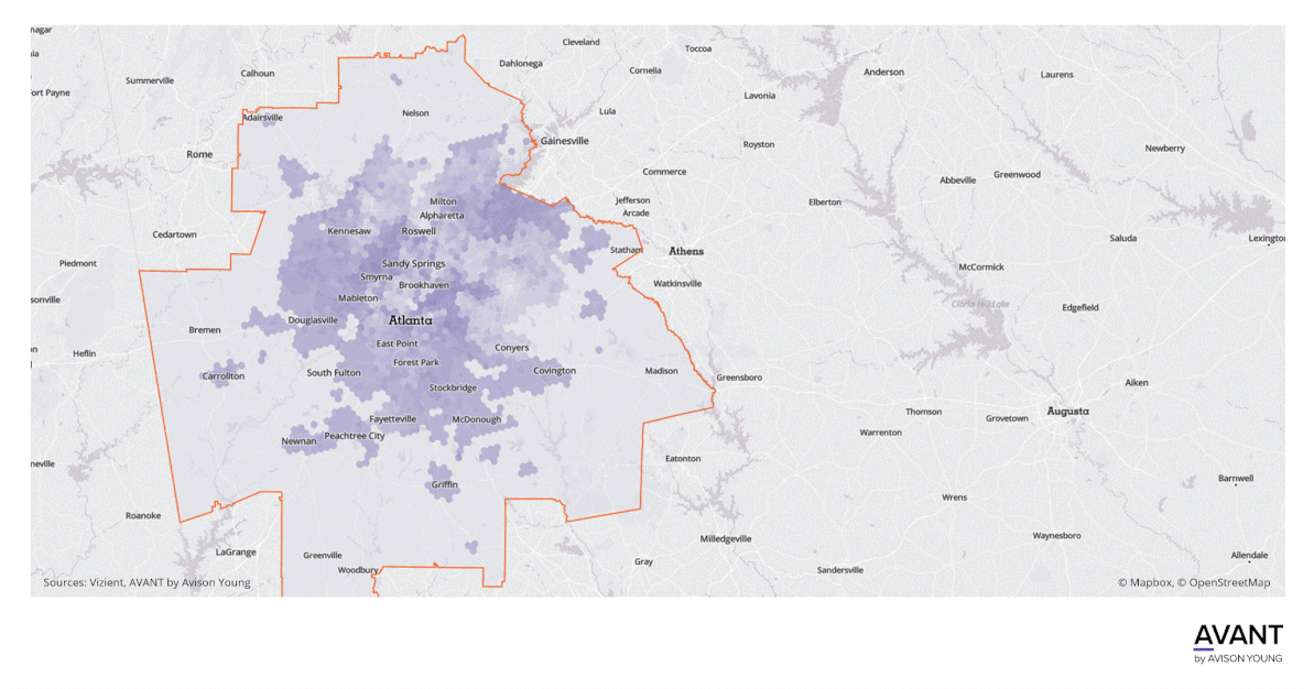 map showing Atlanta neighborhoods with the most demand for infusion therapy using Avison Young's AI model data